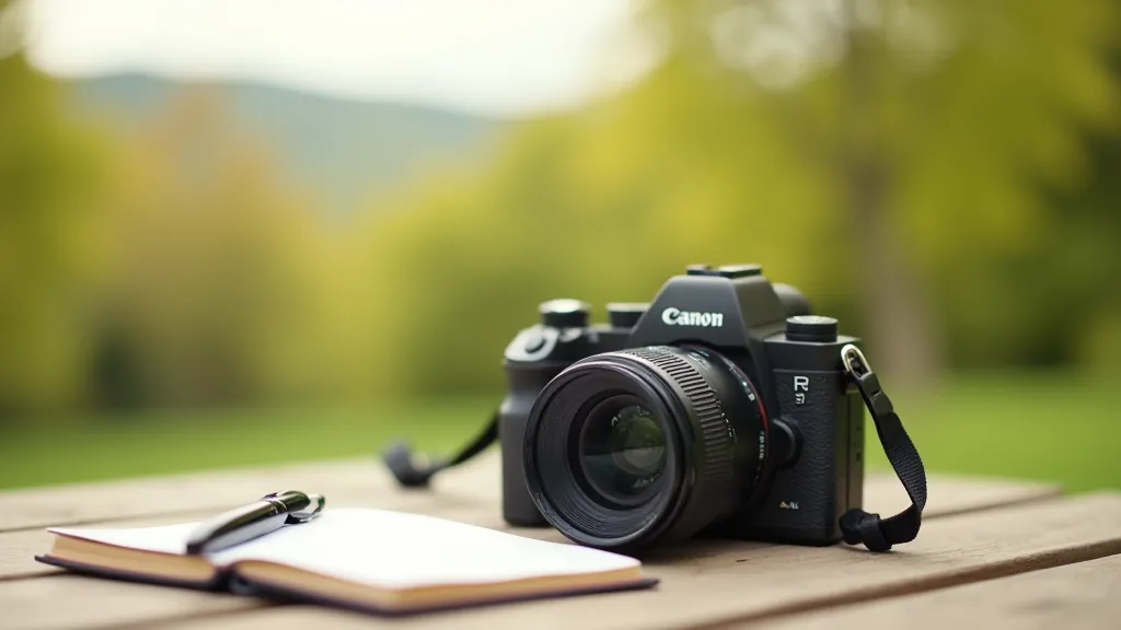 Camera and photography accessories arranged on outdoor table with scenic landscape and notebook visible