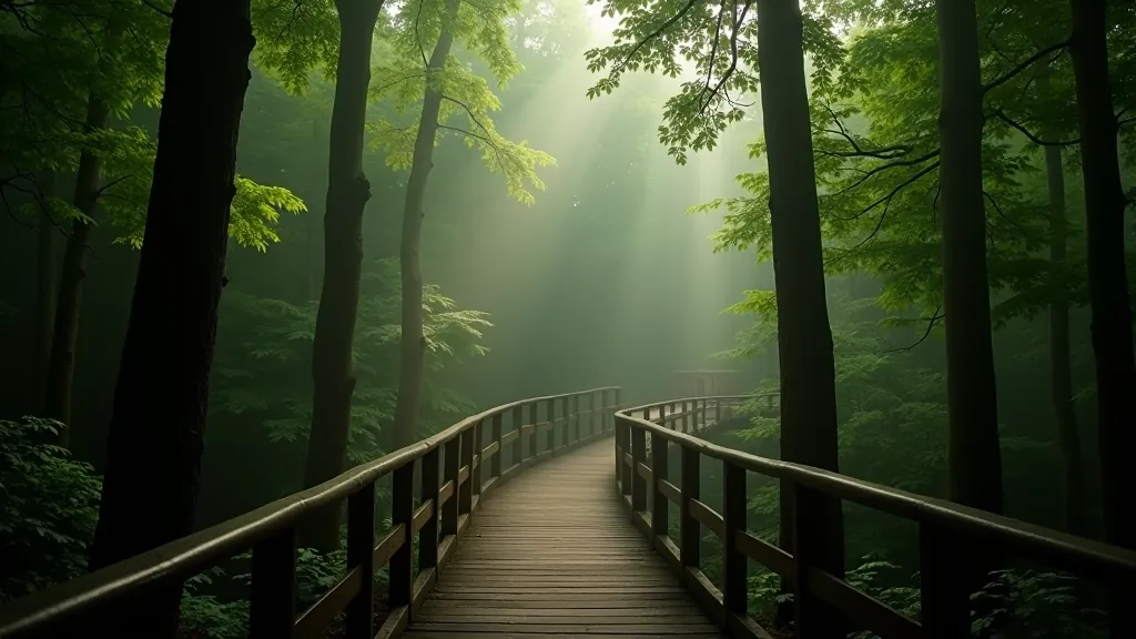 Forest overlook with wooden handrails and dense tree cover providing natural shelter and shaded seating area
