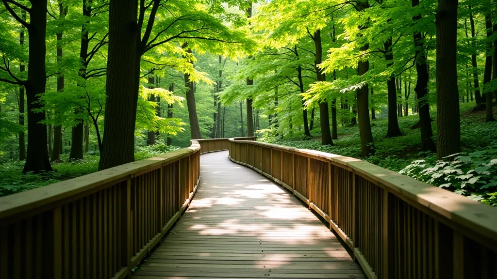 Shaded forest walking path with wooden handrails on both sides, peaceful woodland setting