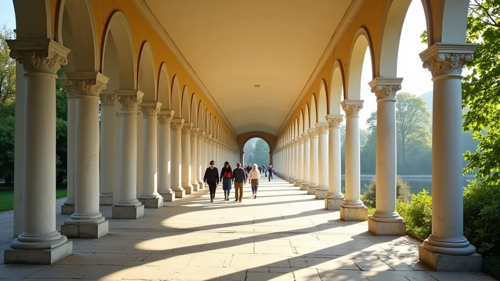 Historic colonnade with white arches in Karlovy Vary spa town, visitors walking on paved path