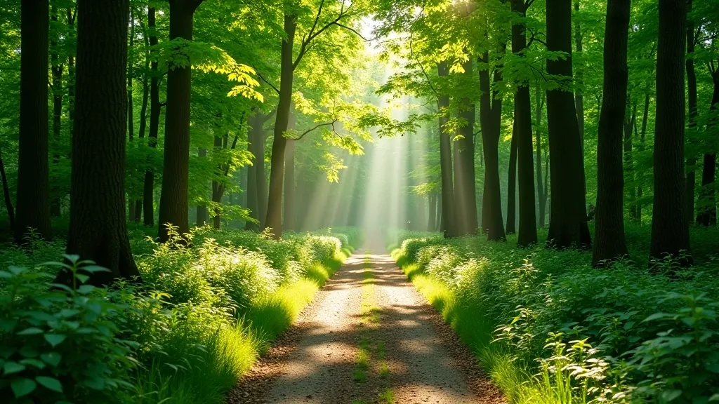 Serene forest trail in Karlovy Vary with dappled sunlight, mature trees creating natural canopy, well-maintained walking path, peaceful woodland atmosphere perfect for leisurely senior walks