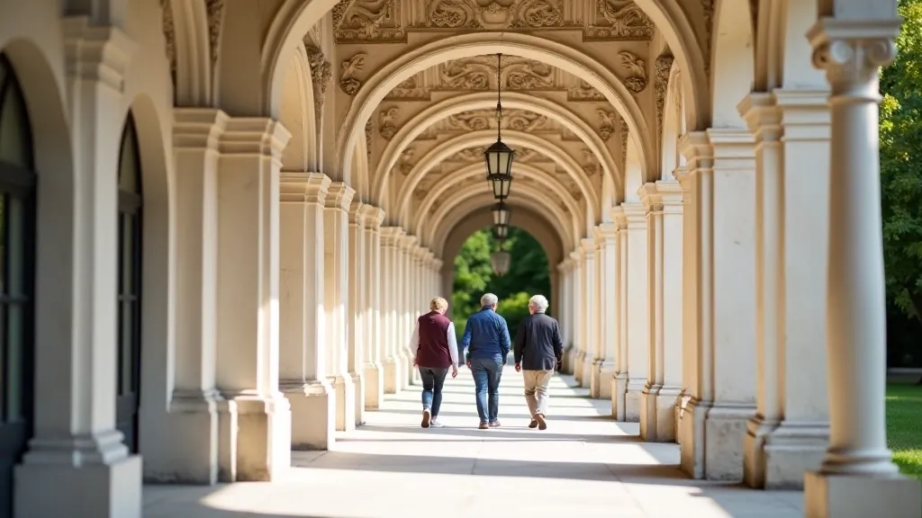 Ornate colonnade archway with detailed white stone carvings, spa town architecture, visitors in background