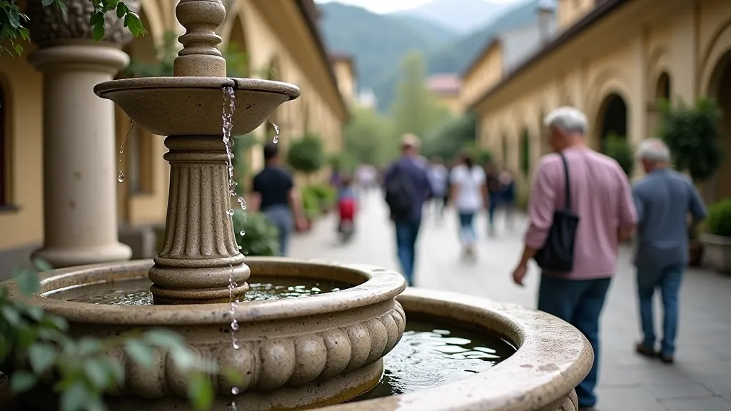 Thermal mineral water spring fountain with ornate stone basin, visitors collecting water in cups, spa colonnade background