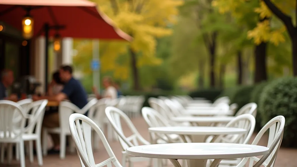 Outdoor cafe terrace with small tables and chairs, serving refreshments, park setting with comfortable seating