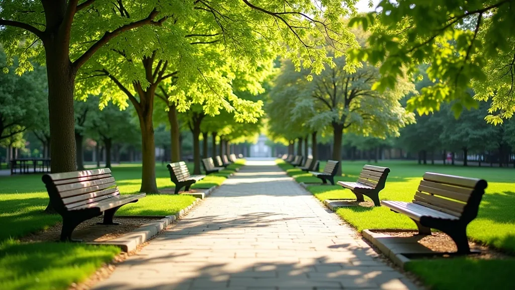 Outdoor rest area with benches and café seating in spa park, comfortable gathering space