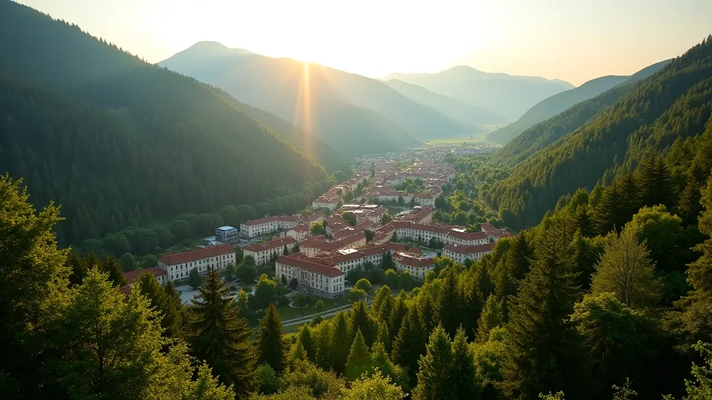 Beautiful panoramic view of Karlovy Vary spa town nestled in valley with historic architecture and green forests surrounding the mineral spring resort