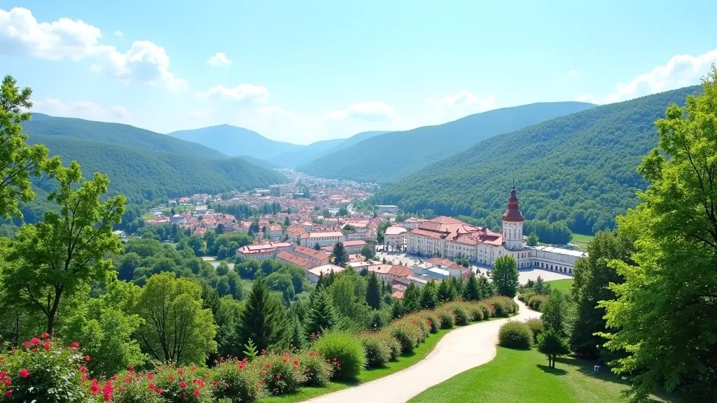 Panoramic viewpoint overlooking Karlovy Vary spa town, valley landscape, scenic vista