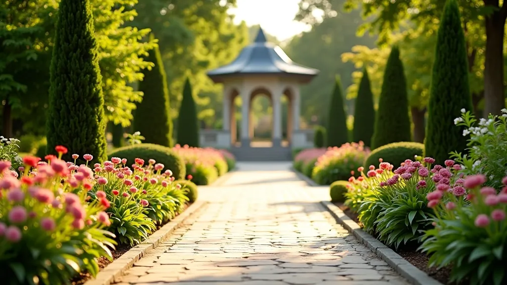 Paved garden terrace pathway lined with flowering plants and leading toward an elevated overlook with architectural features