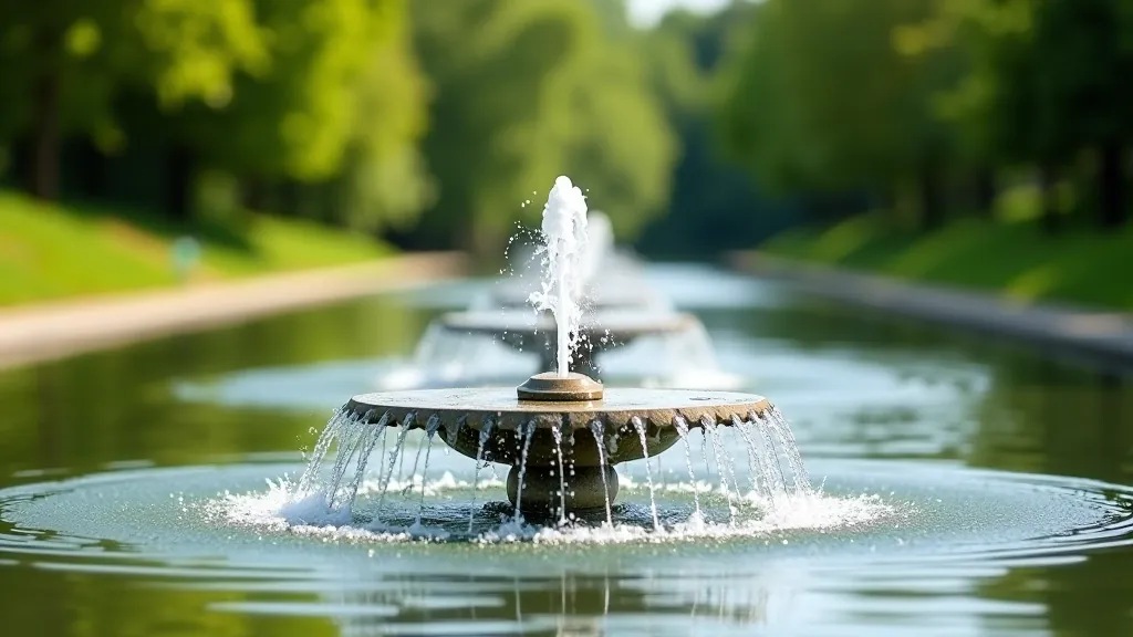 Public water fountain in park setting, stone or metal drinking fountain with clear water, surrounded by green trees