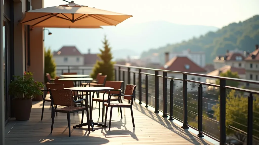 Urban rooftop terrace with café seating, railing, and expansive town and valley views during afternoon light