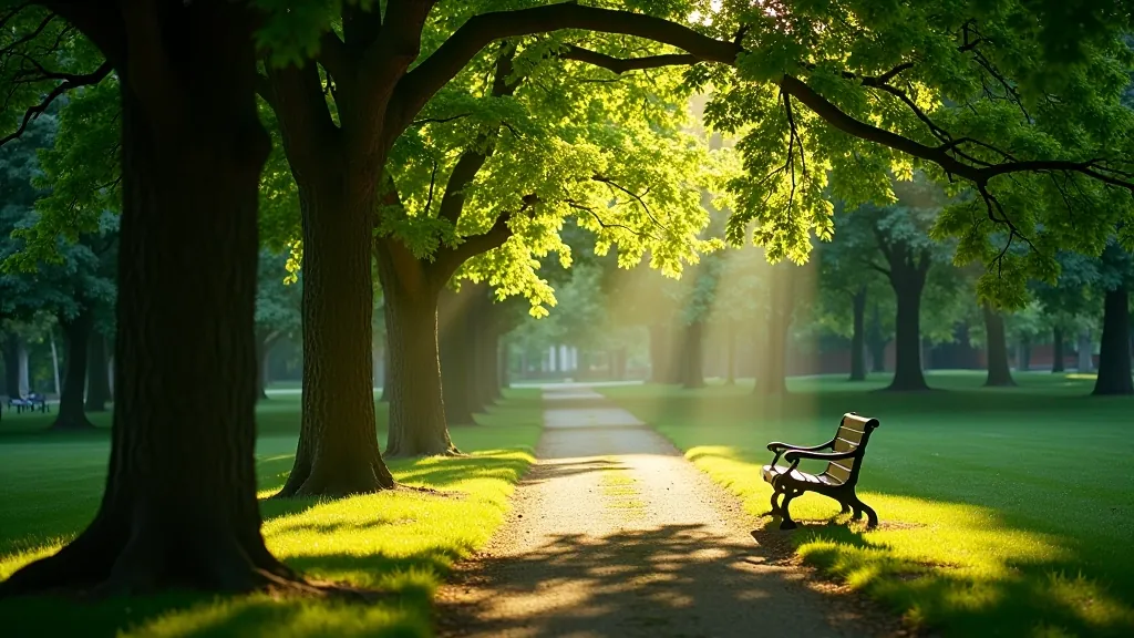 Shaded area under dense tree canopy, dappled light filtering through leaves, cool peaceful spot in park