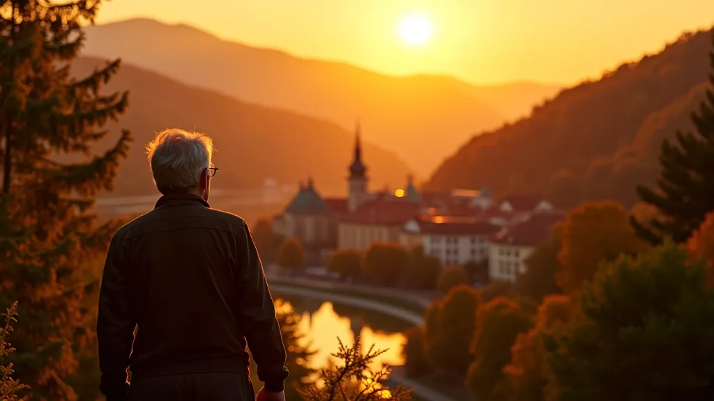 Golden sunset light illuminating traditional spa architecture and riverside landscape in warm tones
