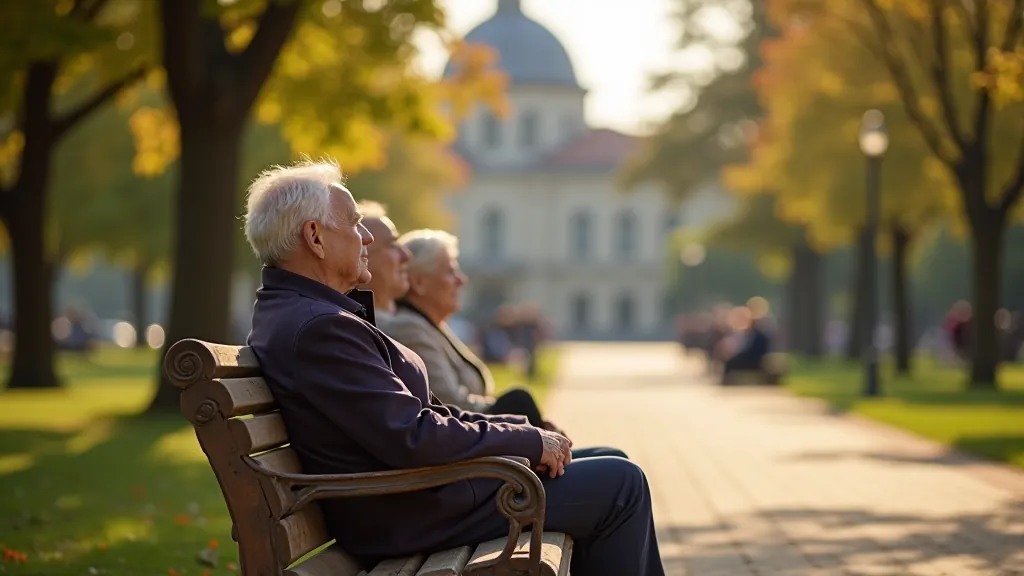 Park bench on colonnade promenade, older adults resting, spa town buildings, peaceful afternoon setting