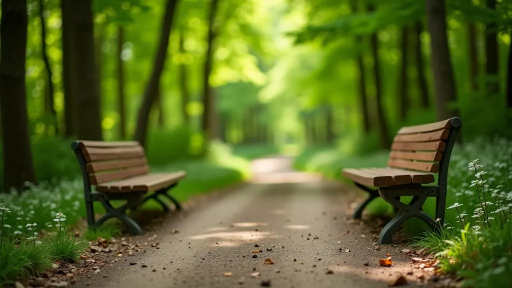 Wooden bench on park path surrounded by green trees and natural forest setting, peaceful outdoor seating area